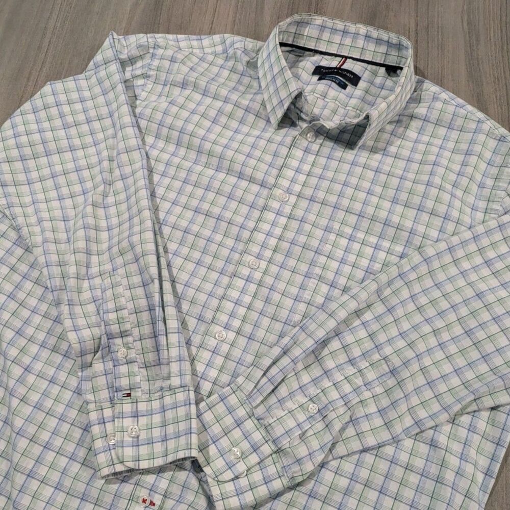 Tommy Hilfiger Mens Grid Plaid Long Sleeve Button Down Shirt Blue Size XL